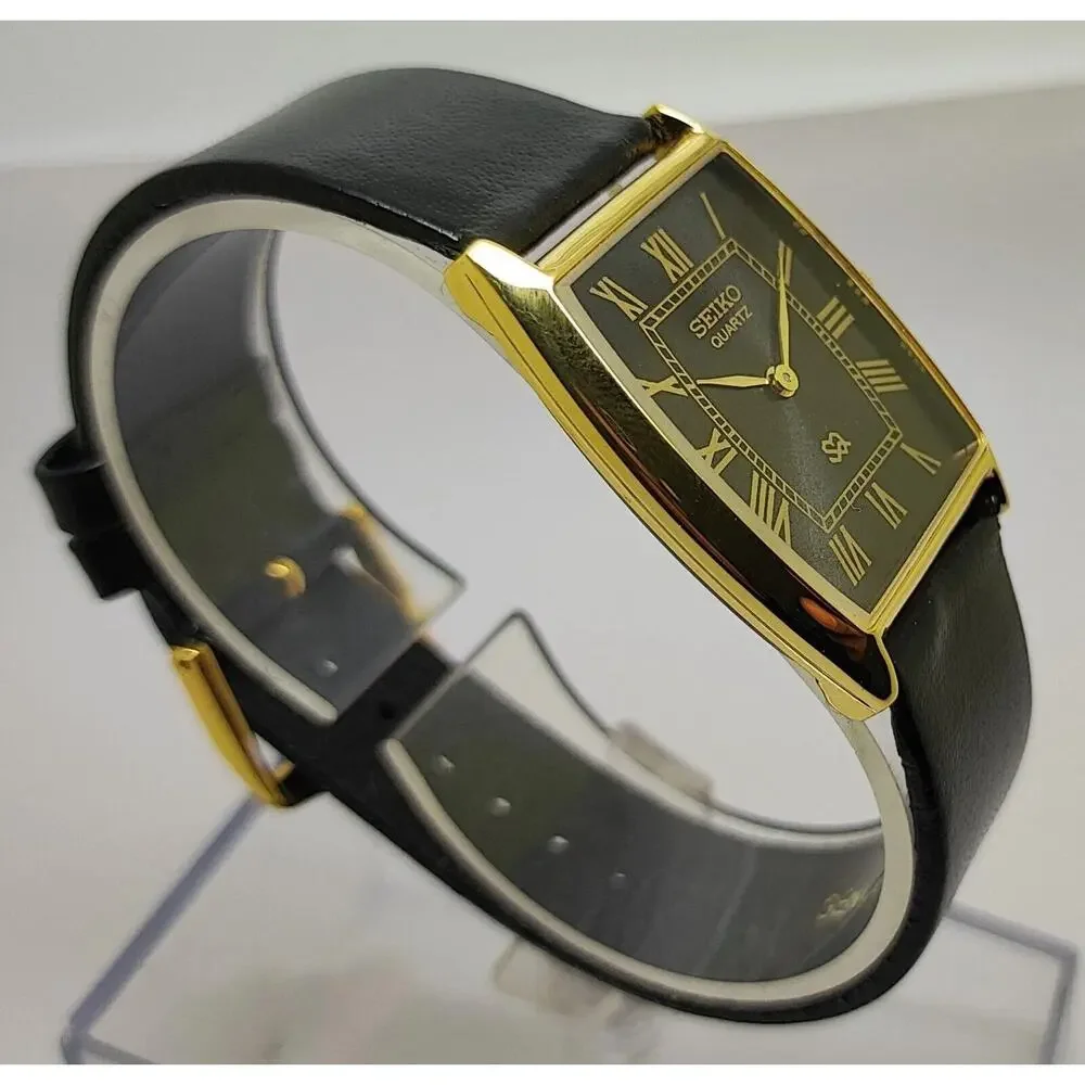 Vintage Style Seiko Quartz Mens Gold Watch & Black accents W/ Leather Strap